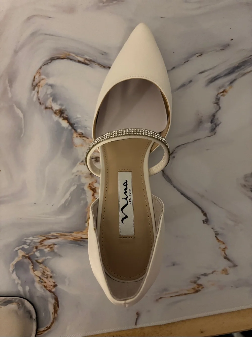 Nina Cream Satin Pointed-Toe Heels with Crystal Strap
